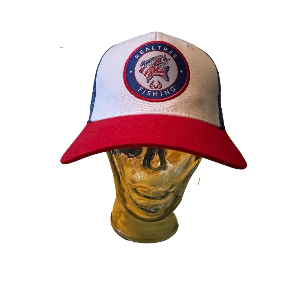 Realtree Fishing Trucker Hat Snapback Mesh USA Flag Red White Blue Cap Outdoors